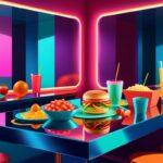 Фотосъемка еды в темной комнате с неоном и зеркальными отражениями для необычных эффектов